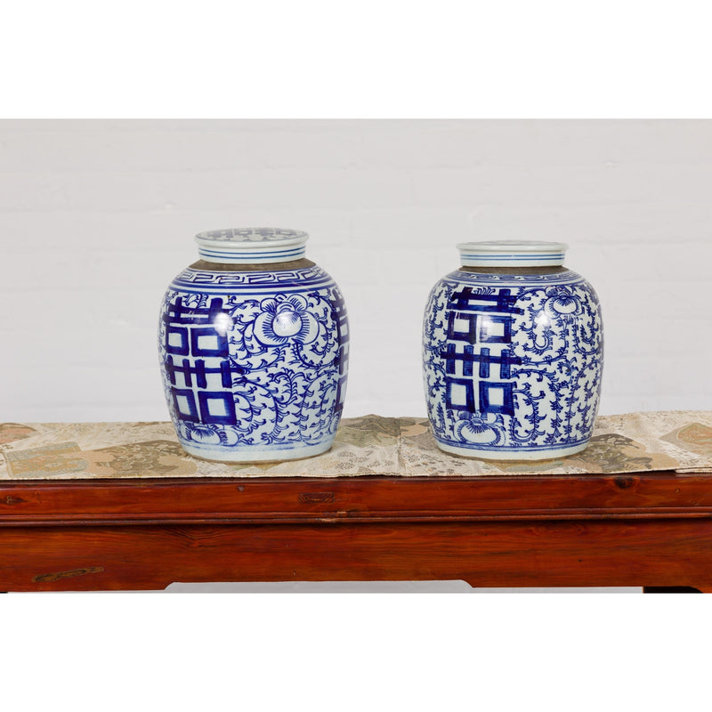 Near Pair of White and Blue Porcelain Double Happiness Lidded Ginger Jars-YN7916-15. Asian & Chinese Furniture, Art, Antiques, Vintage Home Décor for sale at FEA Home
