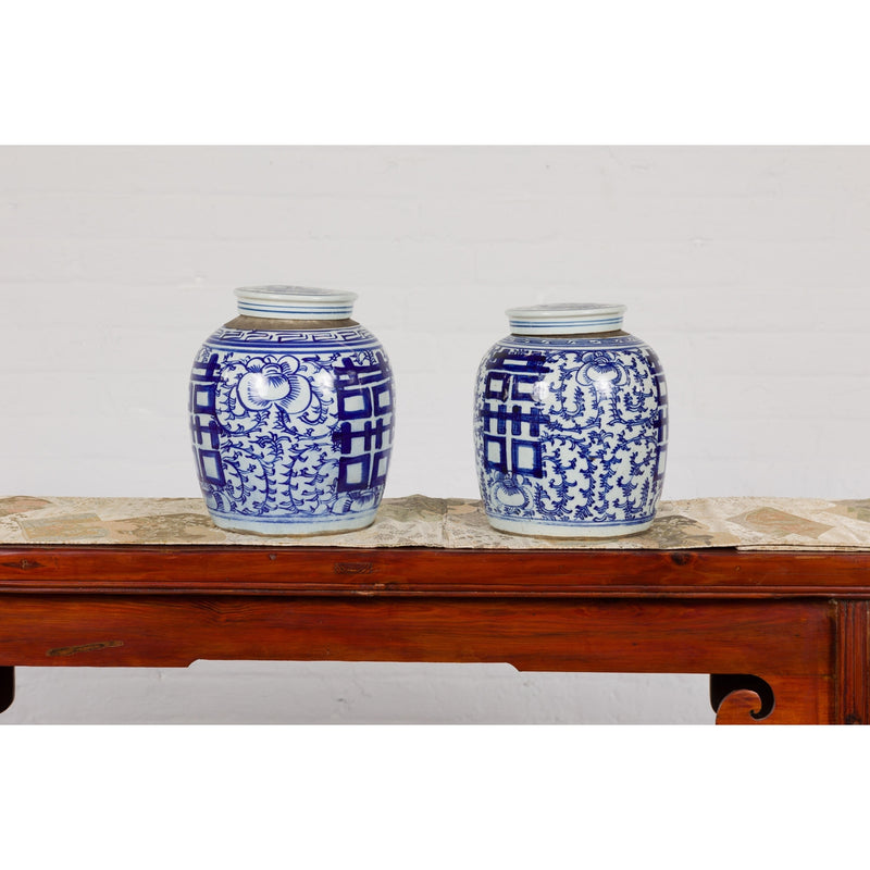 Near Pair of White and Blue Porcelain Double Happiness Lidded Ginger Jars-YN7916-16. Asian & Chinese Furniture, Art, Antiques, Vintage Home Décor for sale at FEA Home