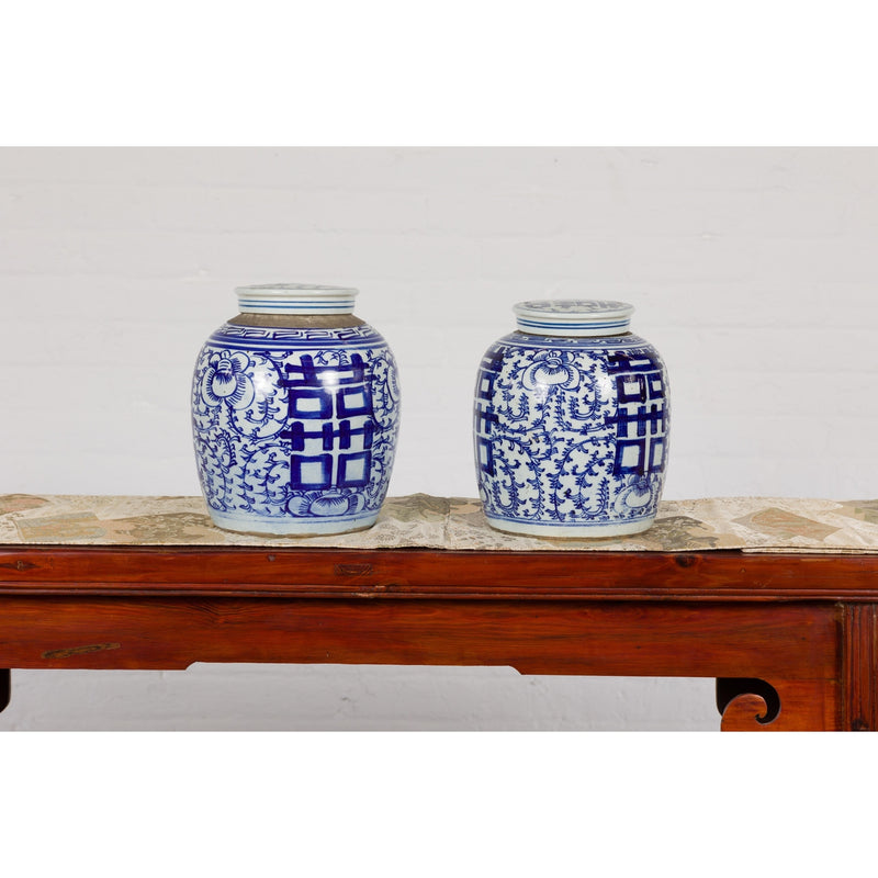 Near Pair of White and Blue Porcelain Double Happiness Lidded Ginger Jars-YN7916-17. Asian & Chinese Furniture, Art, Antiques, Vintage Home Décor for sale at FEA Home