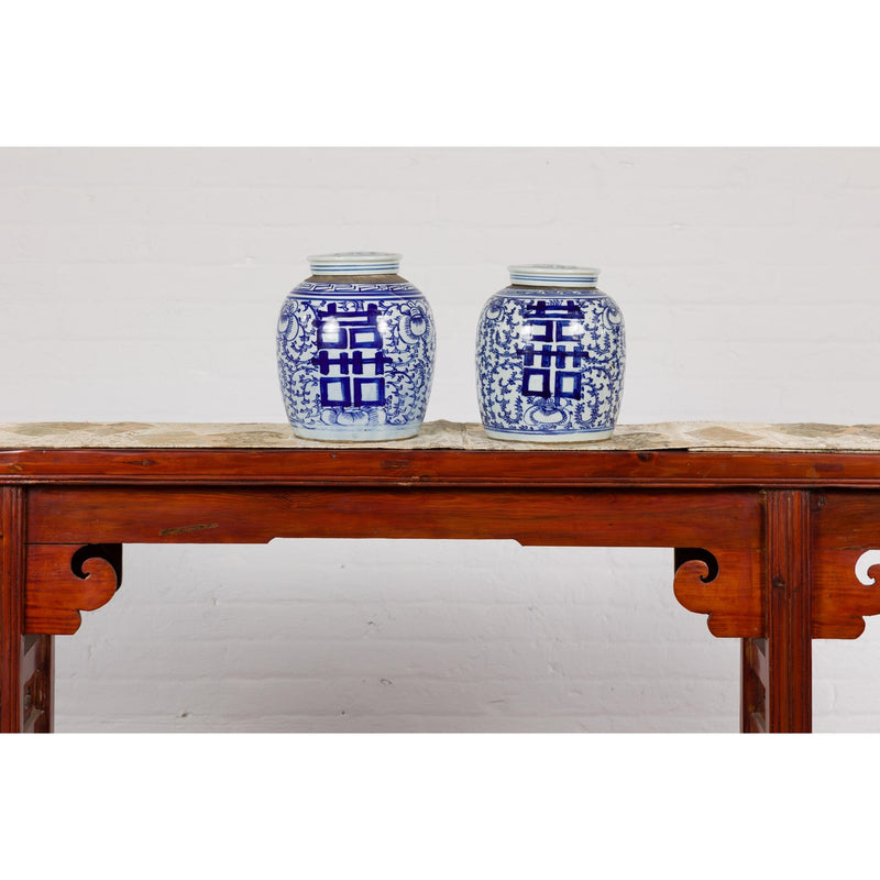 Near Pair of White and Blue Porcelain Double Happiness Lidded Ginger Jars-YN7916-2. Asian & Chinese Furniture, Art, Antiques, Vintage Home Décor for sale at FEA Home