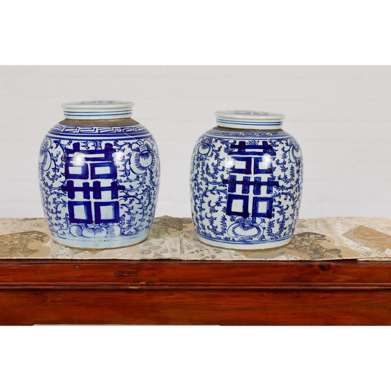 Near Pair of White and Blue Porcelain Double Happiness Lidded Ginger Jars-YN7916-4. Asian & Chinese Furniture, Art, Antiques, Vintage Home Décor for sale at FEA Home
