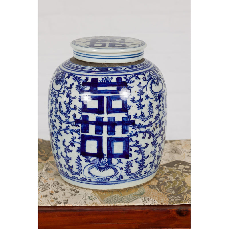 Near Pair of White and Blue Porcelain Double Happiness Lidded Ginger Jars-YN7916-6. Asian & Chinese Furniture, Art, Antiques, Vintage Home Décor for sale at FEA Home