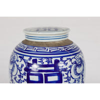 Near Pair of White and Blue Porcelain Double Happiness Lidded Ginger Jars-YN7916-8. Asian & Chinese Furniture, Art, Antiques, Vintage Home Décor for sale at FEA Home