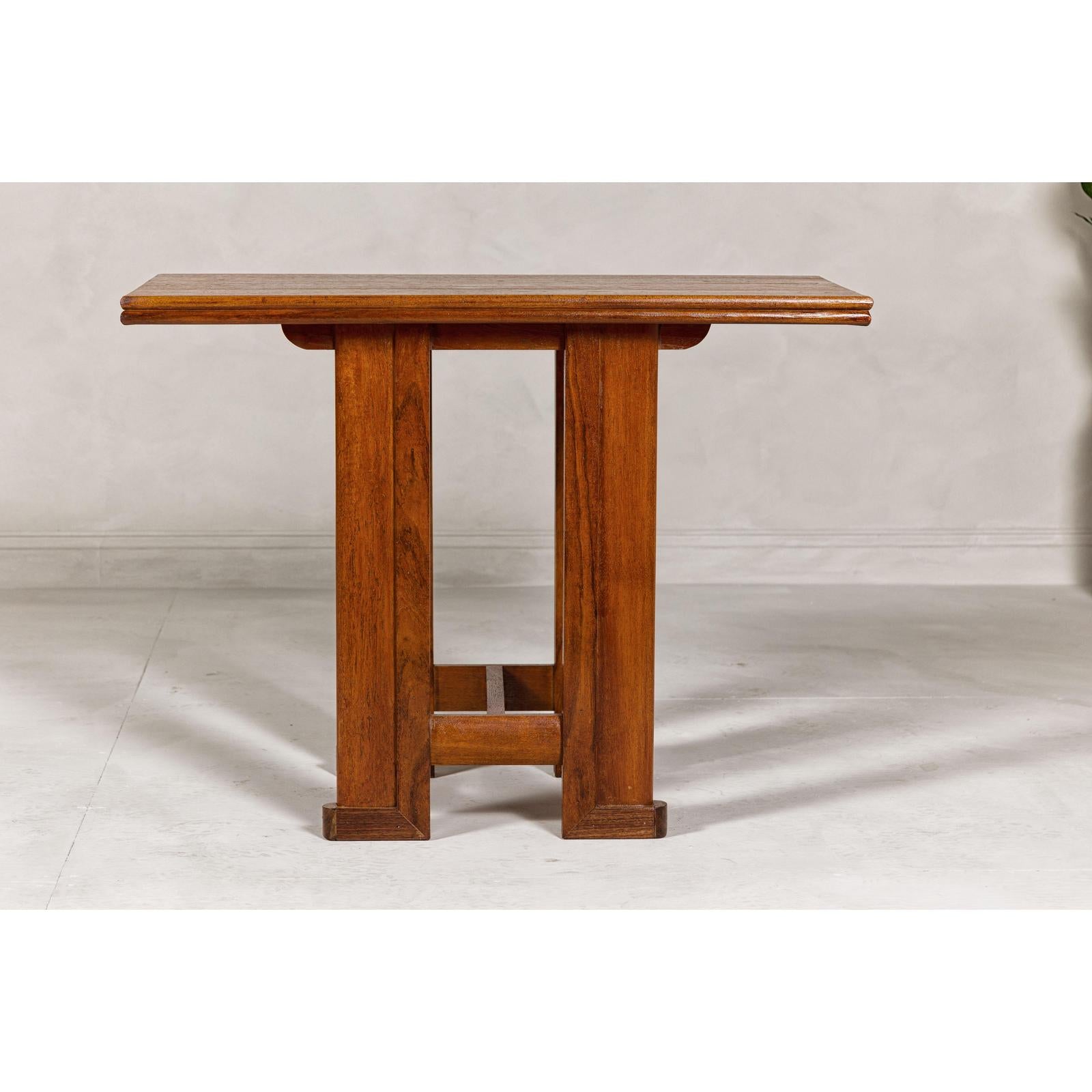 Midcentury Wooden Console Table with Art Deco Inspired Base