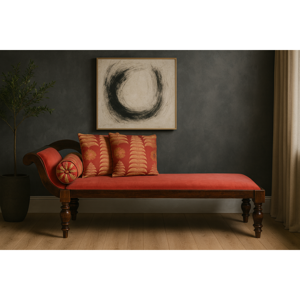Récamier Style Daybed with Silk Cushion, Out-Scrolling Back and Turned Legs-1. Asian &amp; Chinese Furniture, Art, Antiques, Vintage Home Décor for sale at FEA Home