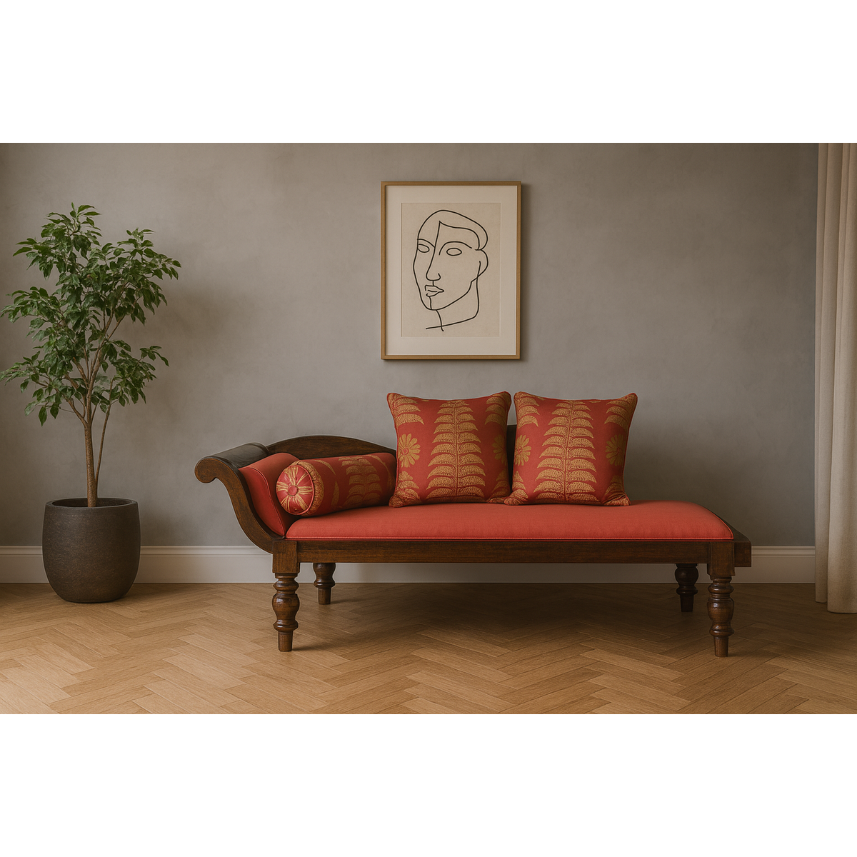 Récamier Style Daybed with Silk Cushion, Out-Scrolling Back and Turned Legs-2. Asian &amp; Chinese Furniture, Art, Antiques, Vintage Home Décor for sale at FEA Home