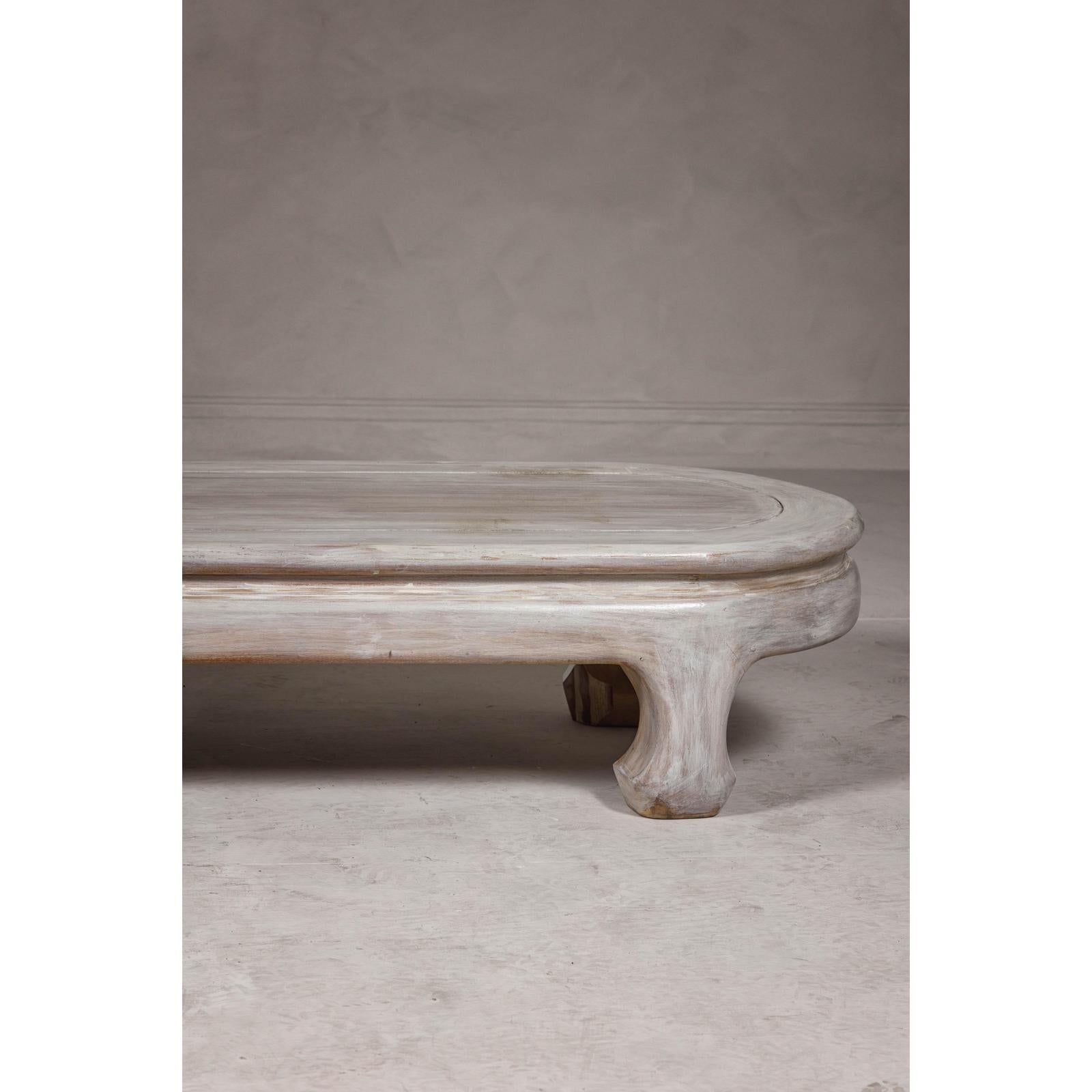 Teak Wood Vintage Whitewash Low Coffee table with Oval Top and Carved Legs