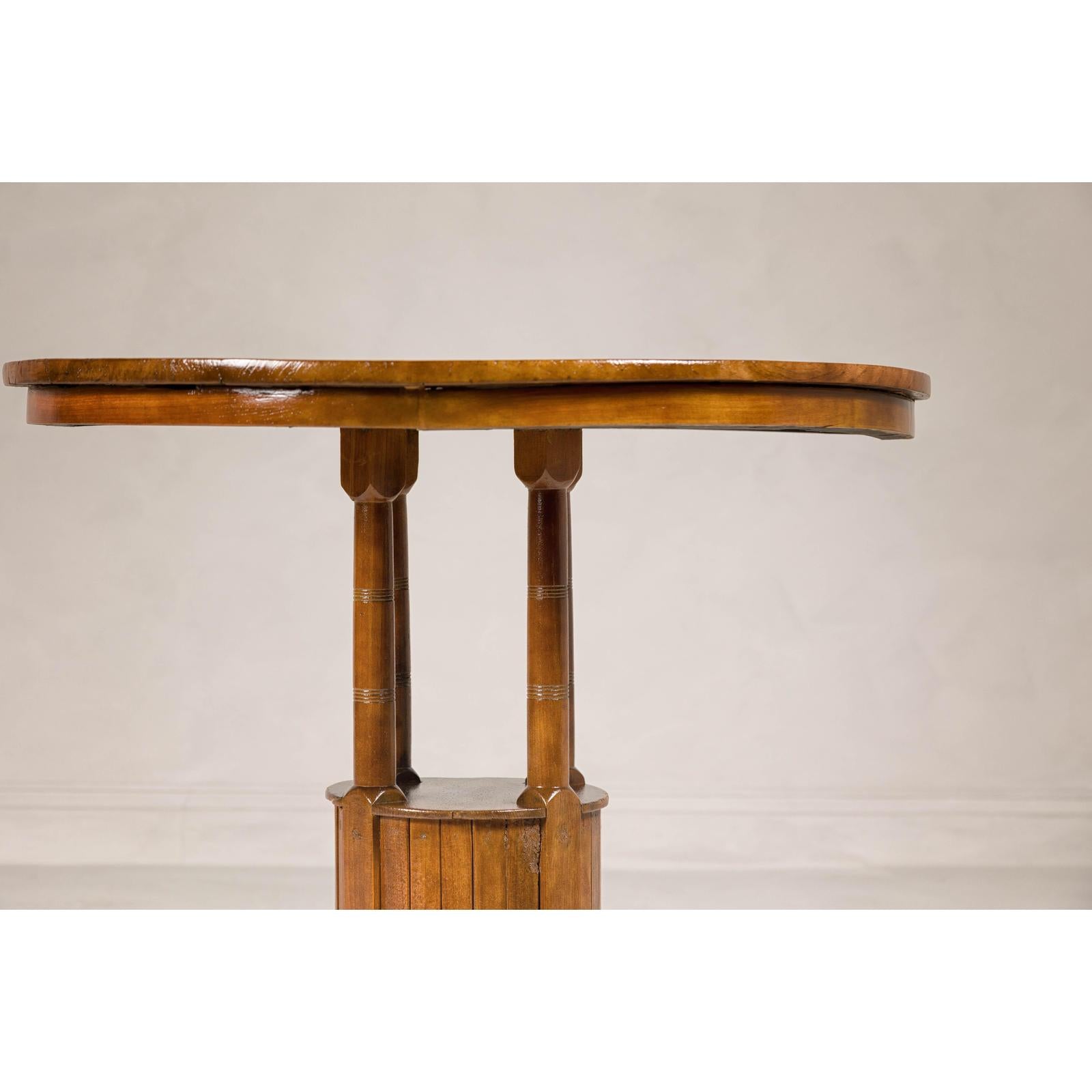 Midcentury Round Top Side Table with Column Supports and Tambour Base