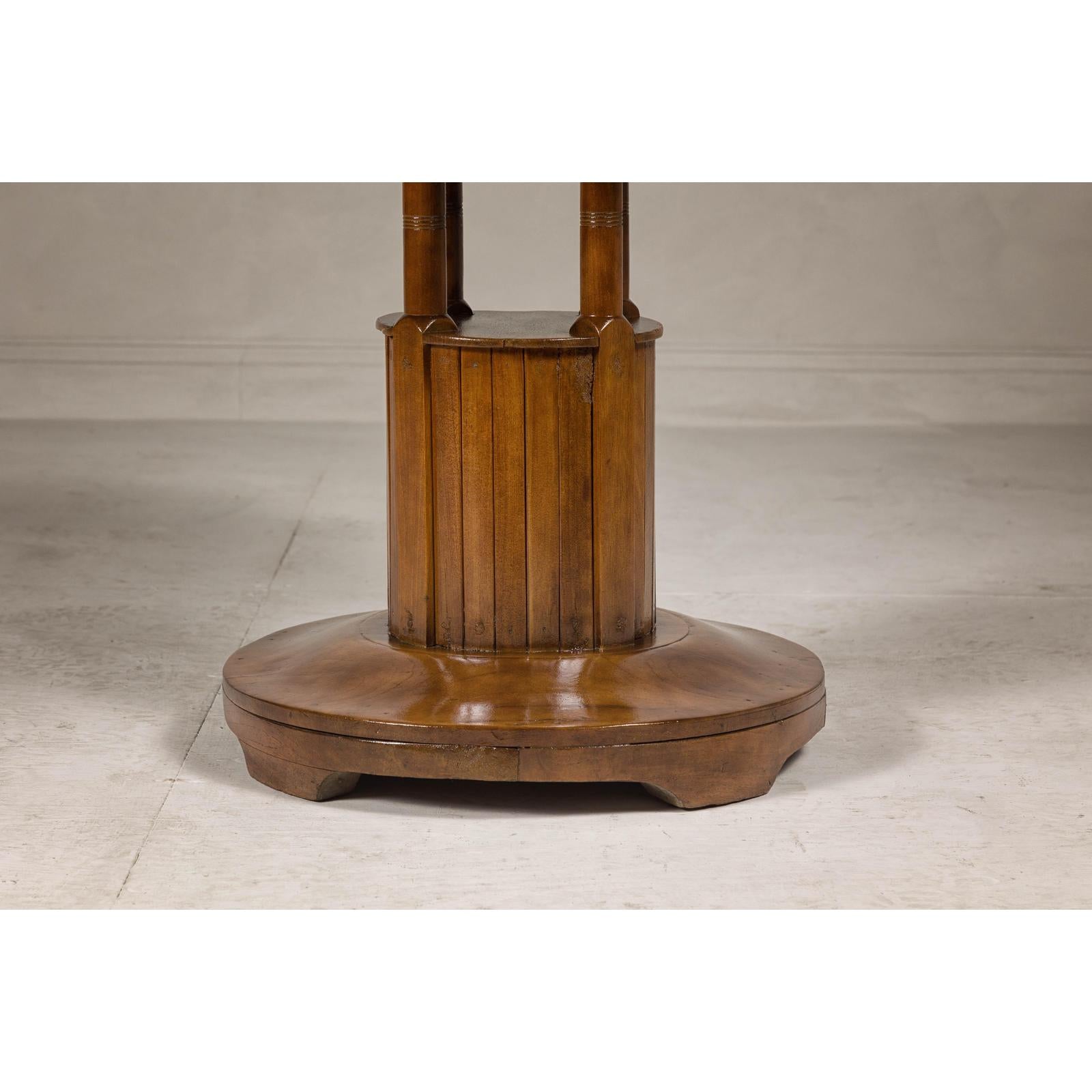 Midcentury Round Top Side Table with Column Supports and Tambour Base