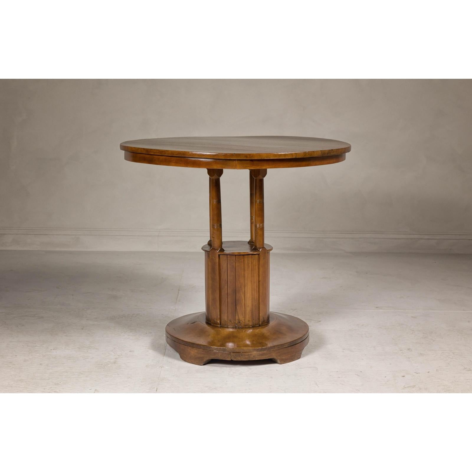 Midcentury Round Top Side Table with Column Supports and Tambour Base