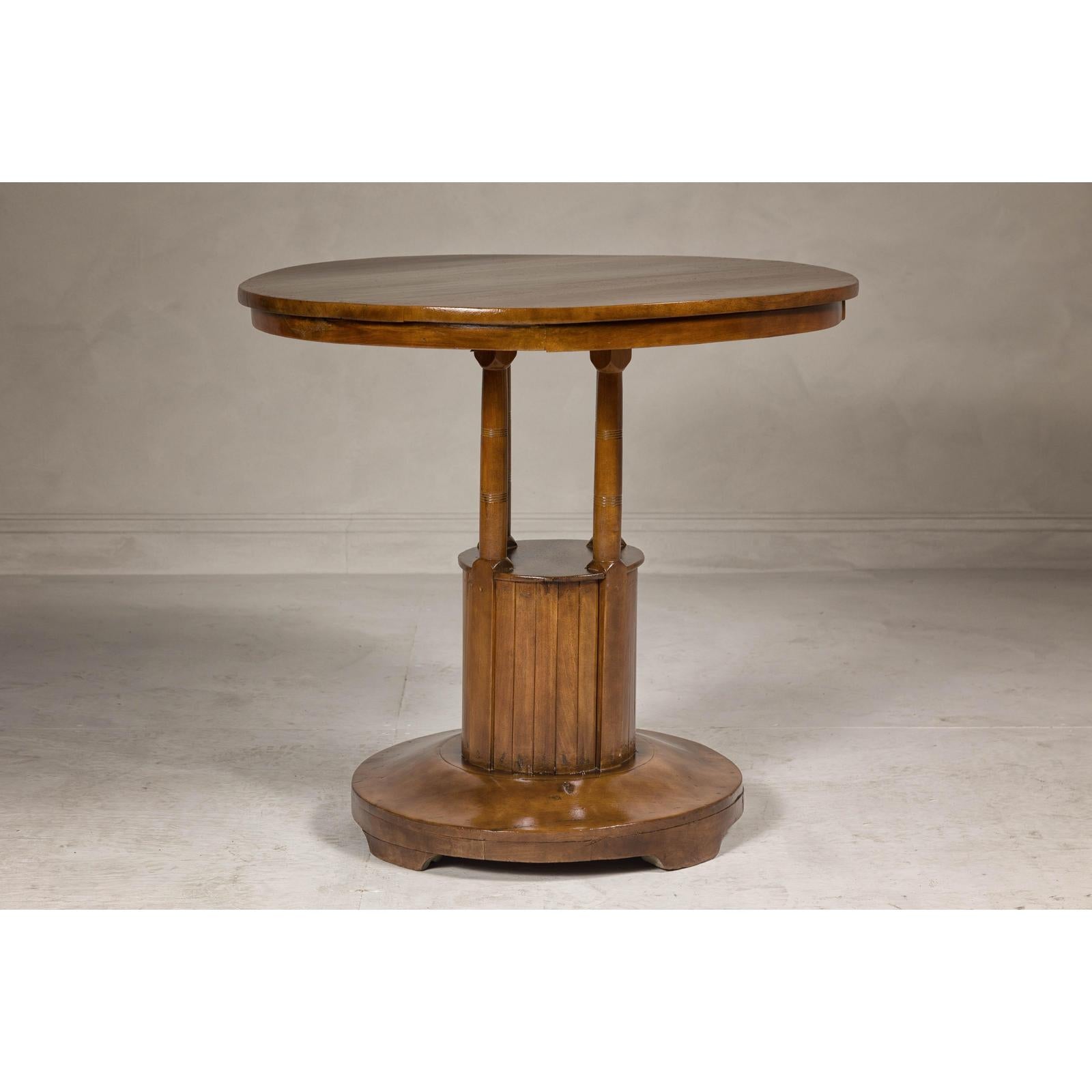 Midcentury Round Top Side Table with Column Supports and Tambour Base