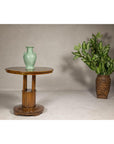 Midcentury Round Top Side Table with Column Supports and Tambour Base
