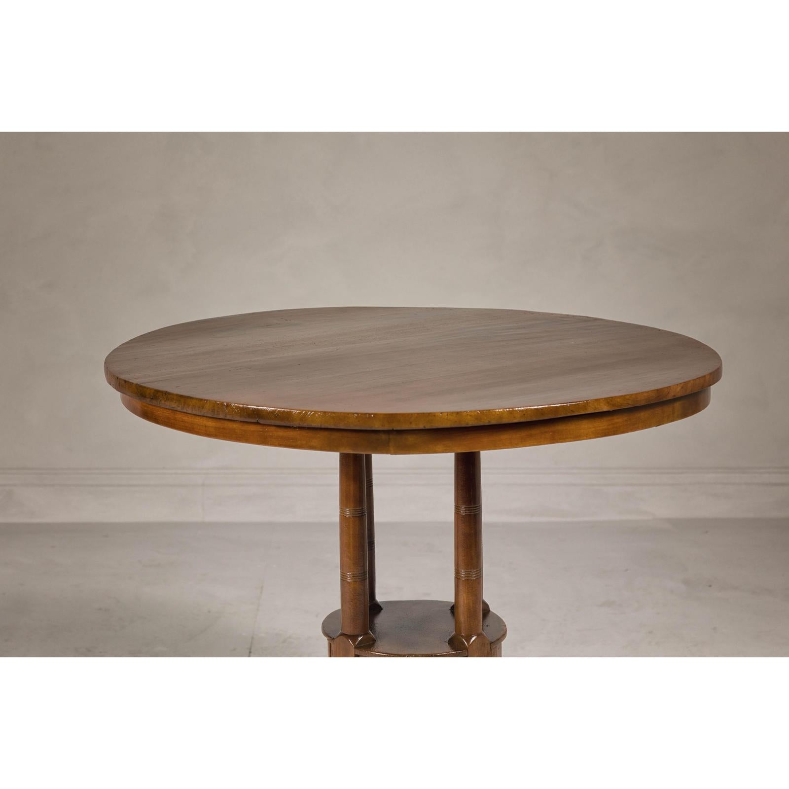 Midcentury Round Top Side Table with Column Supports and Tambour Base