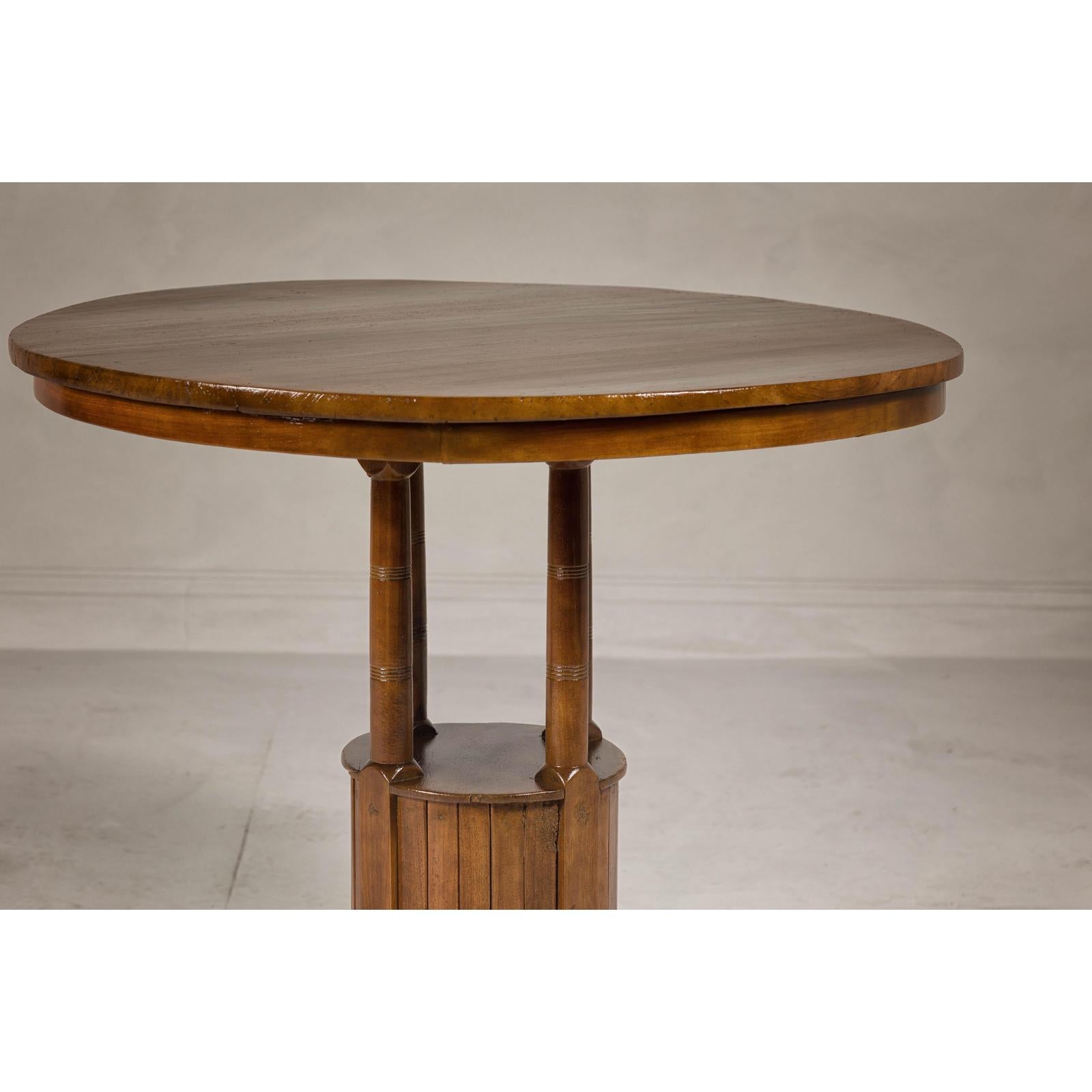 Midcentury Round Top Side Table with Column Supports and Tambour Base