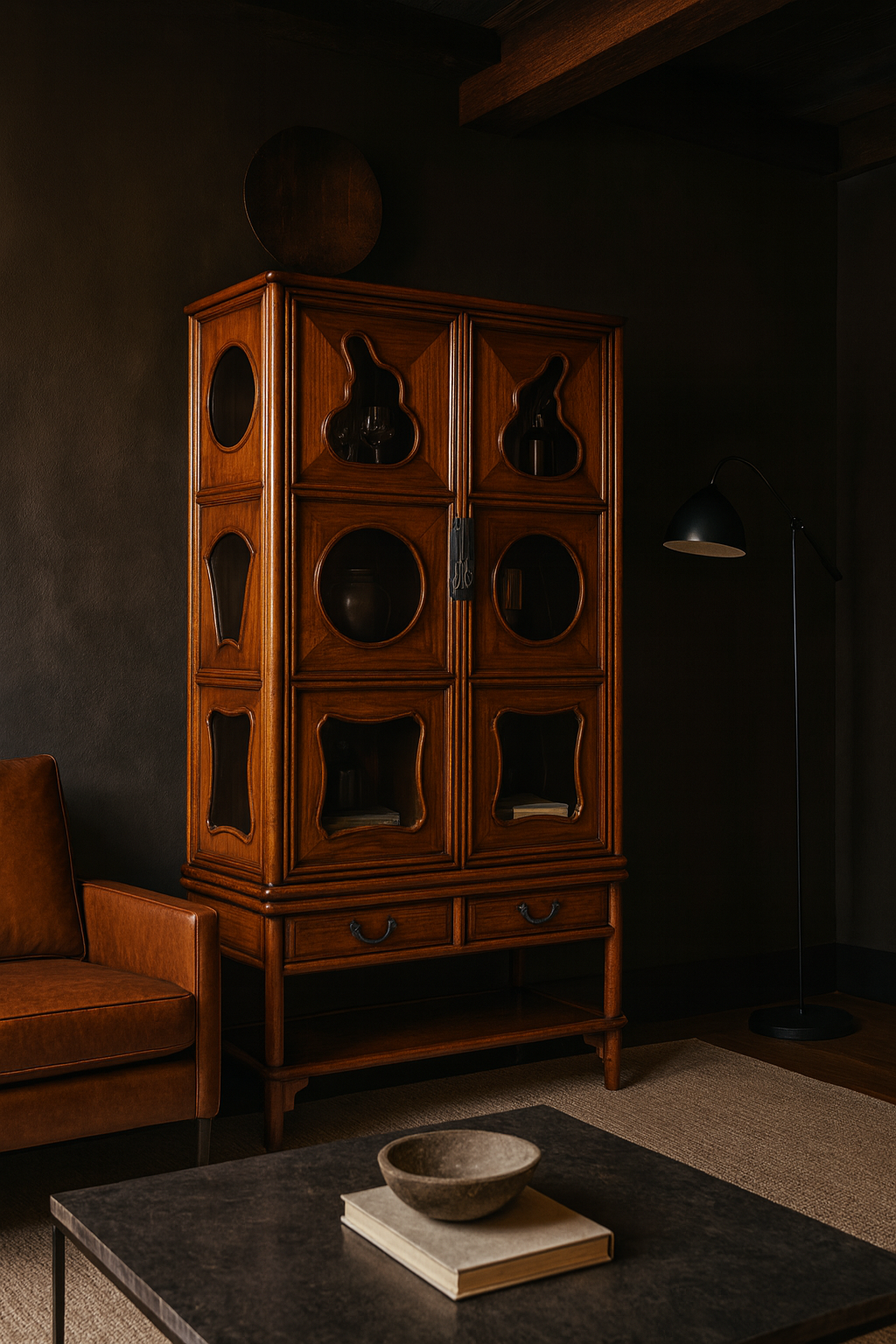 Two-Piece Hardwood Display Cabinet with Glass Paneled Cutouts