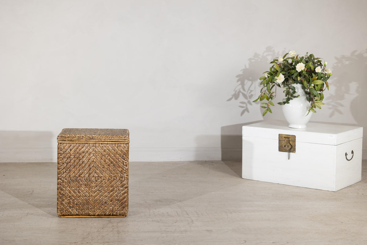 Vintage Woven Rattan Storage Basket with Wood Frame and Lid, full gallery view