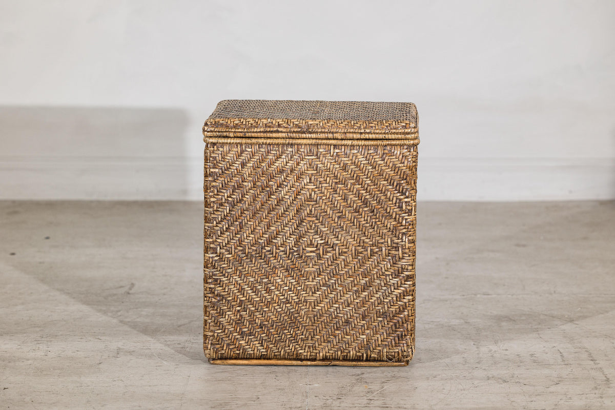Vintage Woven Rattan Storage Basket with Wood Frame and Lid, alternate angle