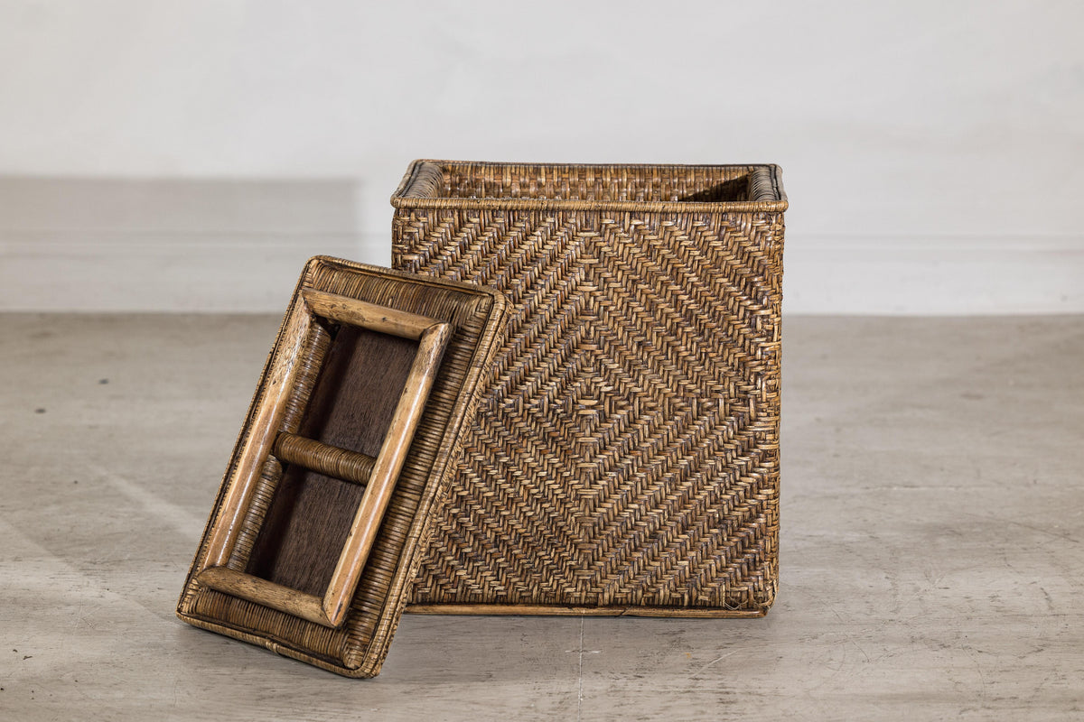 Vintage Woven Rattan Storage Basket with Wood Frame and Lid, side view