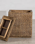 Vintage Woven Rattan Storage Basket with Wood Frame and Lid, side view
