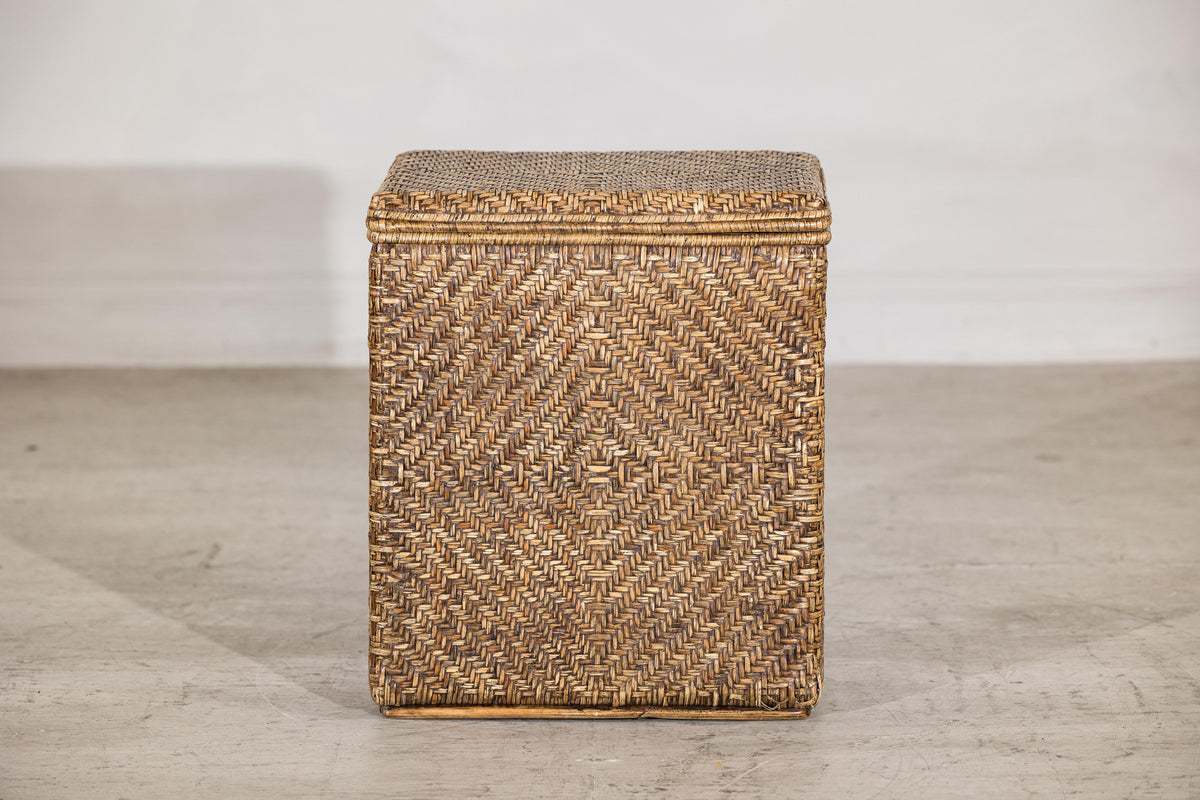Vintage Woven Rattan Storage Basket with Wood Frame and Lid, surface detail