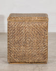 Vintage Woven Rattan Storage Basket with Wood Frame and Lid, surface detail