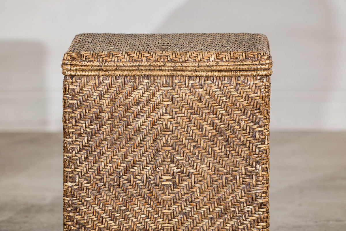 Vintage Woven Rattan Storage Basket with Wood Frame and Lid, construction detail