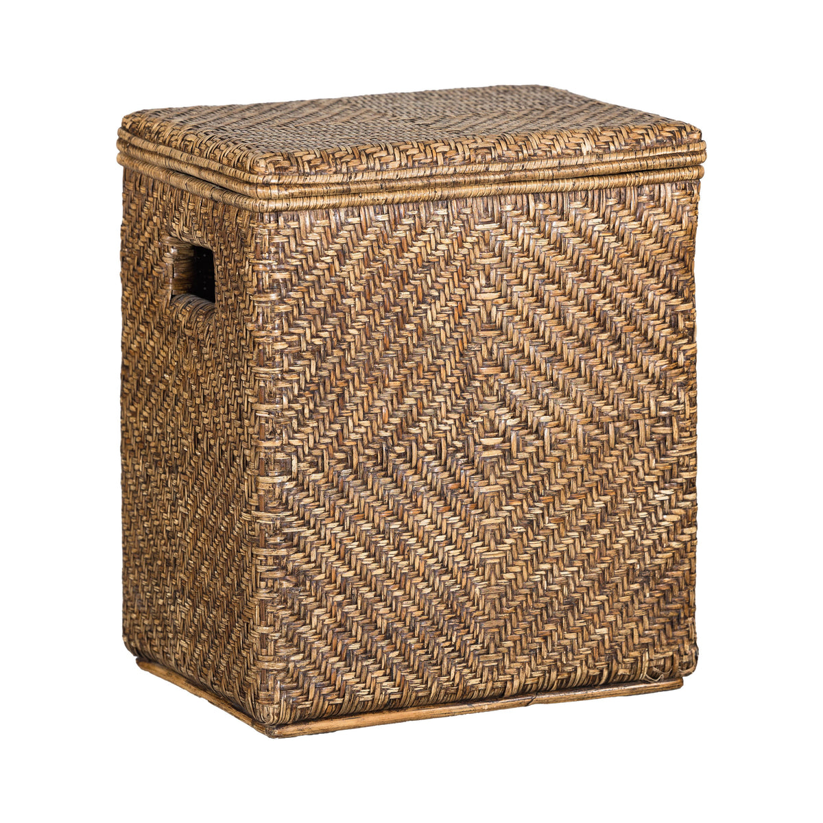 Vintage Woven Rattan Storage Basket with Wood Frame and Lid, reverse view