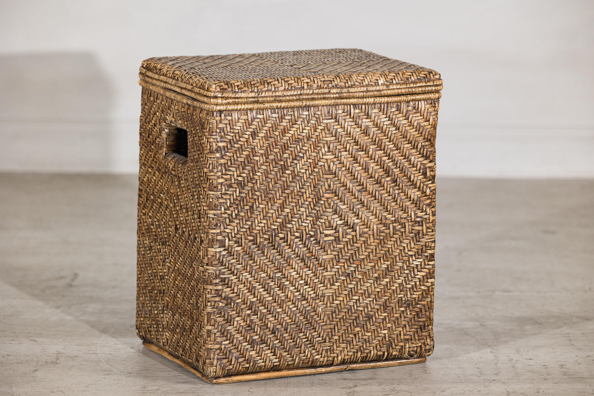 Vintage Woven Rattan Storage Basket with Wood Frame and Lid, close-up detail