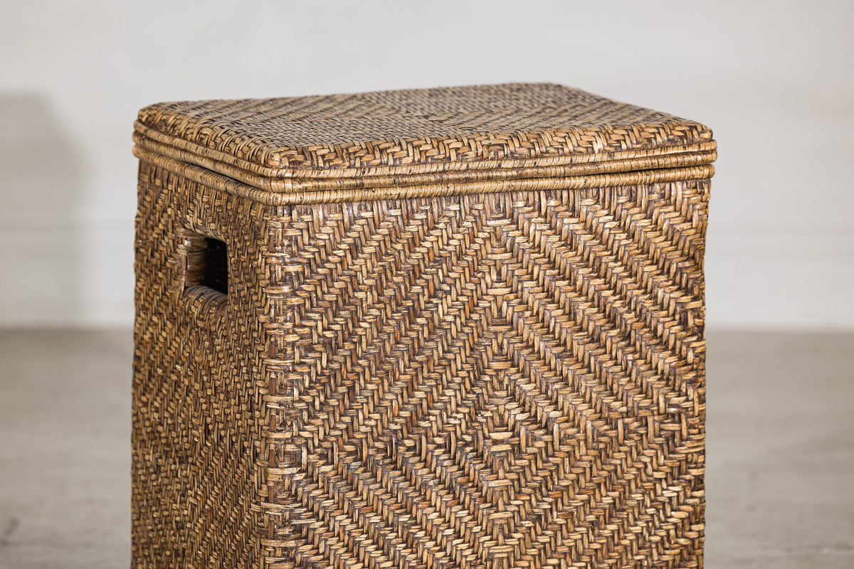 Vintage Woven Rattan Storage Basket with Wood Frame and Lid, base detail