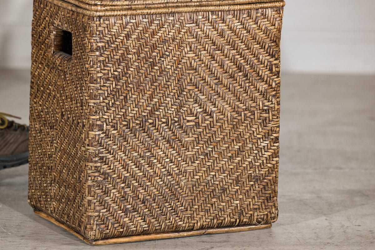 Vintage Woven Rattan Storage Basket with Wood Frame and Lid, top detail