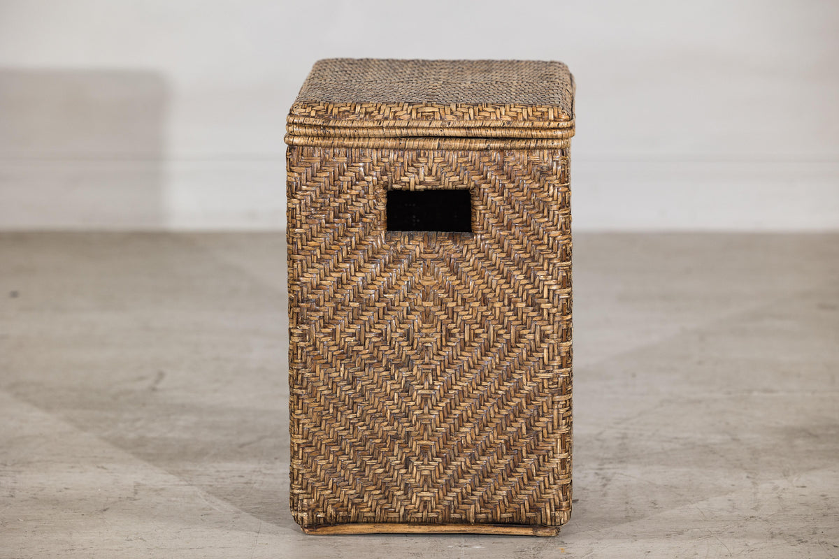 Vintage Woven Rattan Storage Basket with Wood Frame and Lid, additional gallery view 11