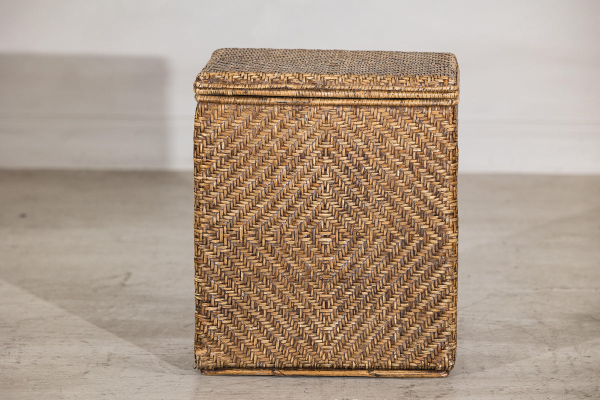 Vintage Woven Rattan Storage Basket with Wood Frame and Lid, additional gallery view 12