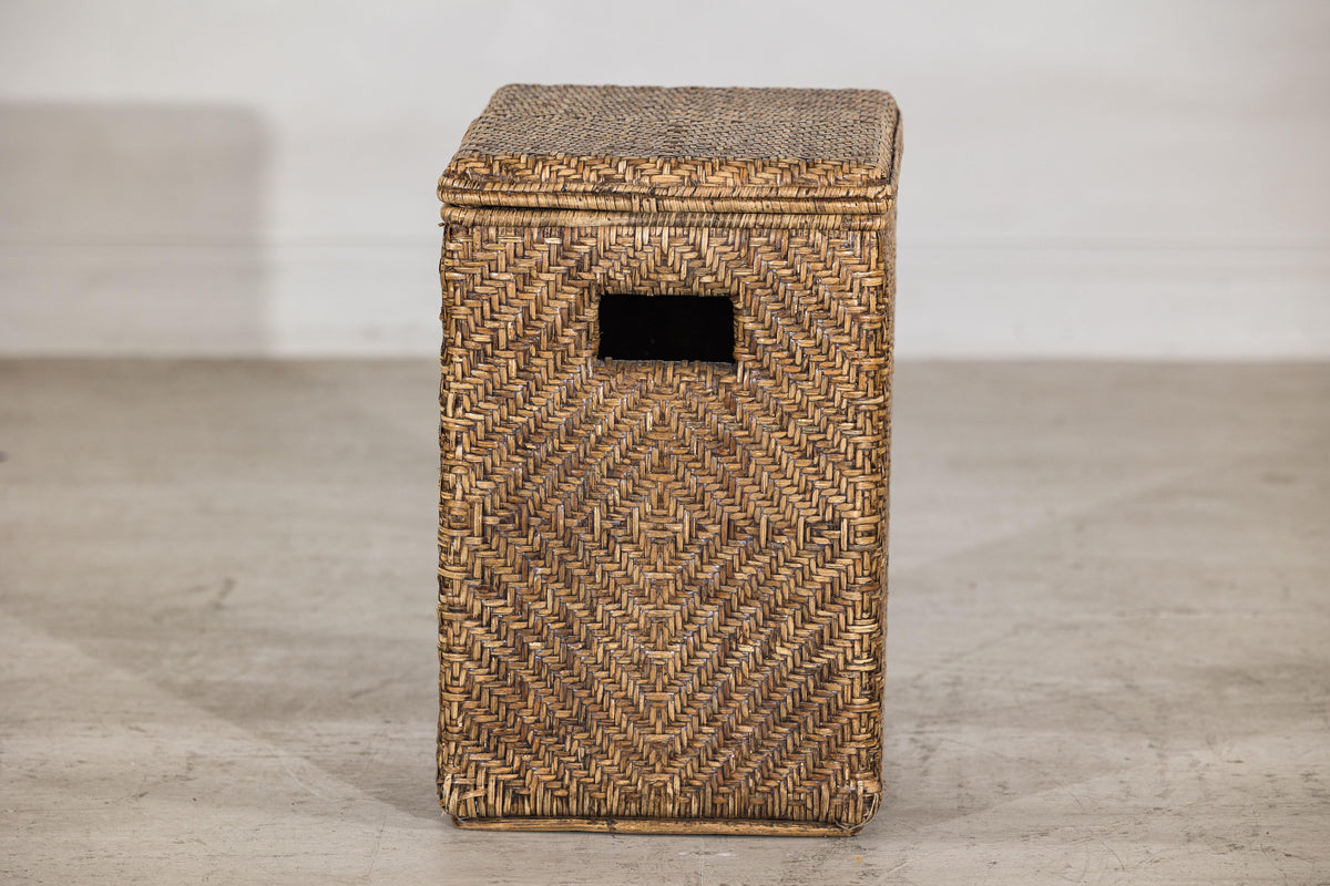 Vintage Woven Rattan Storage Basket with Wood Frame and Lid, additional gallery view 13