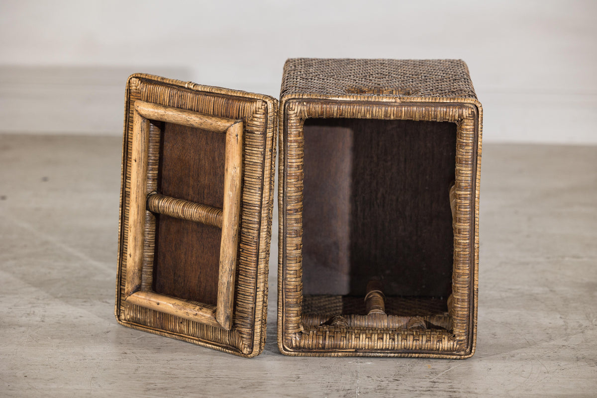 Vintage Woven Rattan Storage Basket with Wood Frame and Lid, additional gallery view 14