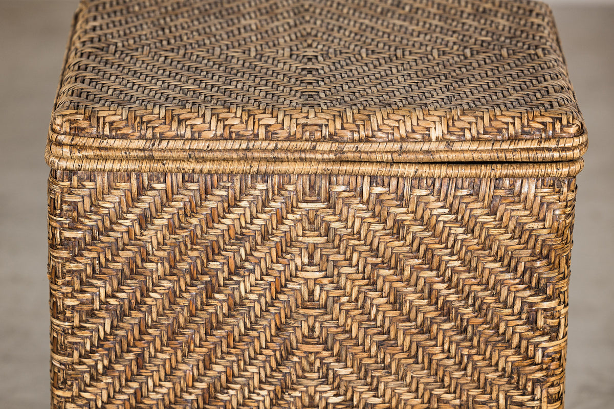 Vintage Woven Rattan Storage Basket with Wood Frame and Lid, additional gallery view 16
