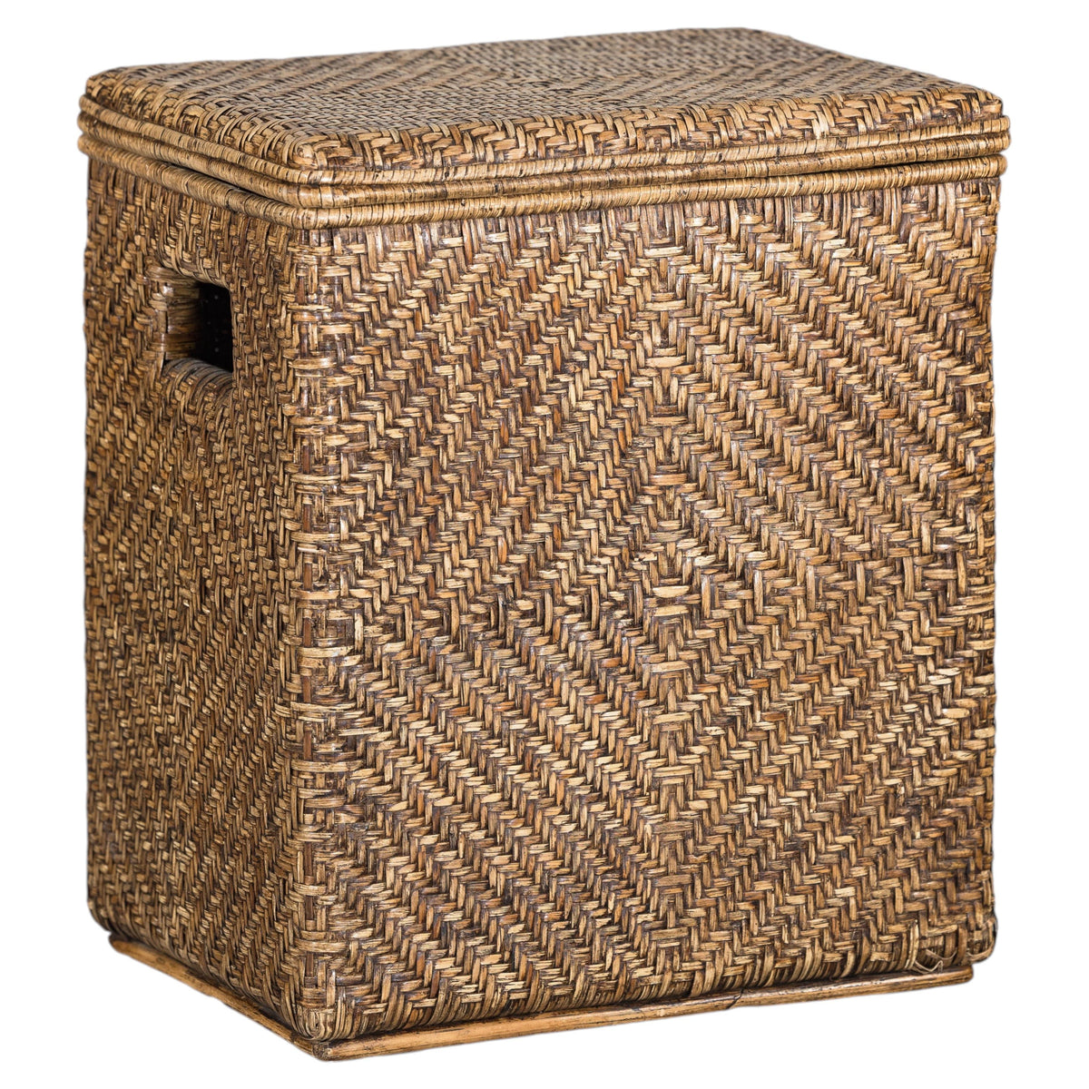 Vintage Woven Rattan Storage Basket with Wood Frame and Lid, full object on a white background