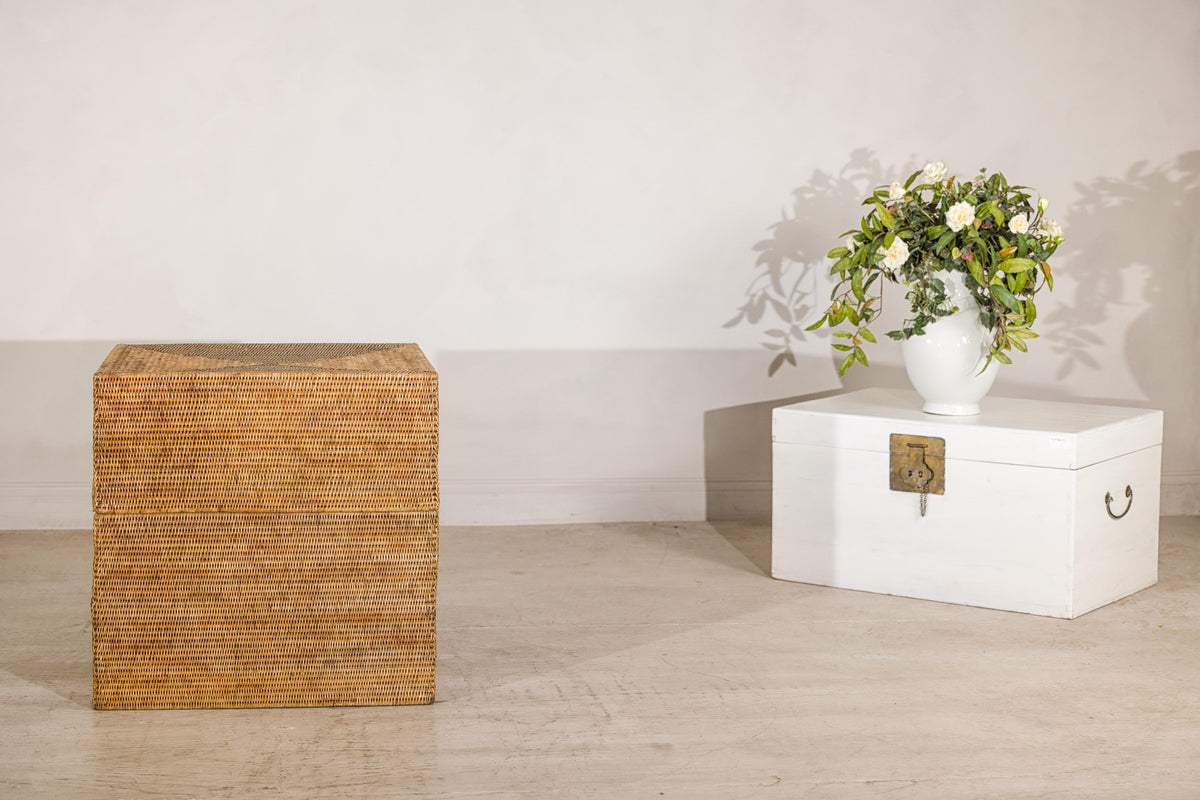 Large Vintage Woven Rattan Storage Box with Removable Lid, full gallery view