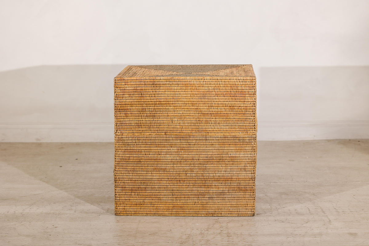 Large Vintage Woven Rattan Storage Box with Removable Lid, alternate angle