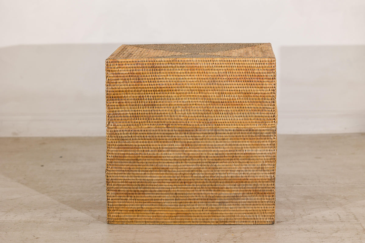 Large Vintage Woven Rattan Storage Box with Removable Lid, side view