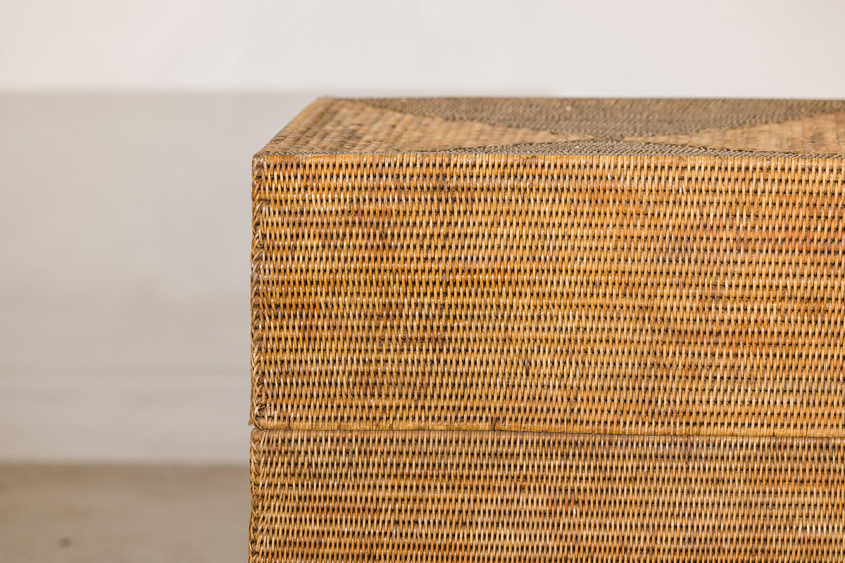 Large Vintage Woven Rattan Storage Box with Removable Lid, surface detail