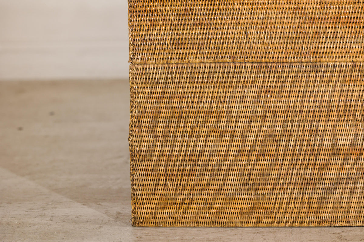 Large Vintage Woven Rattan Storage Box with Removable Lid, reverse view