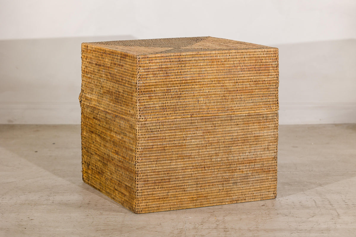Large Vintage Woven Rattan Storage Box with Removable Lid, top detail