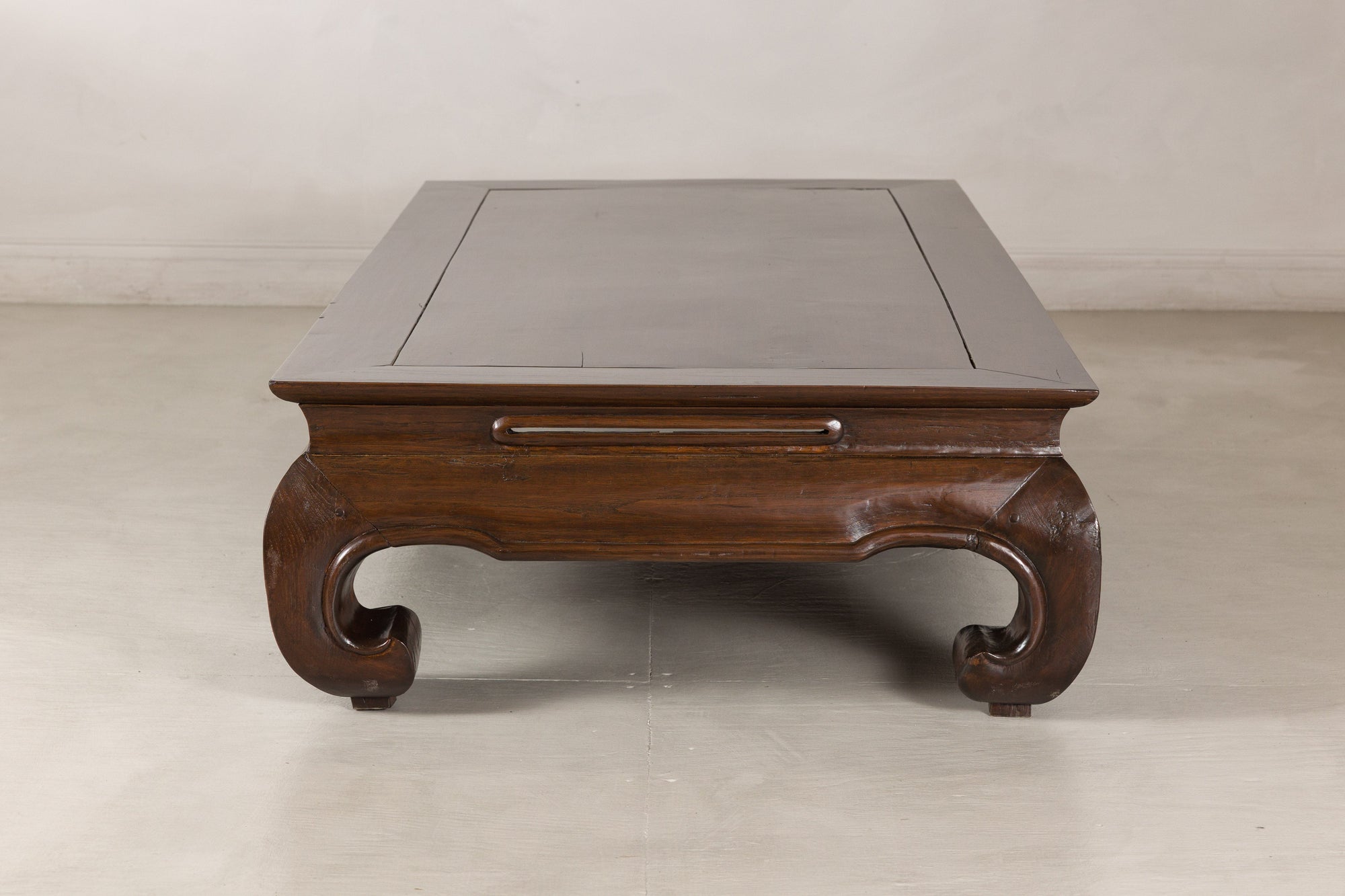 Alternate end view of the elm kang table and recessed panel top