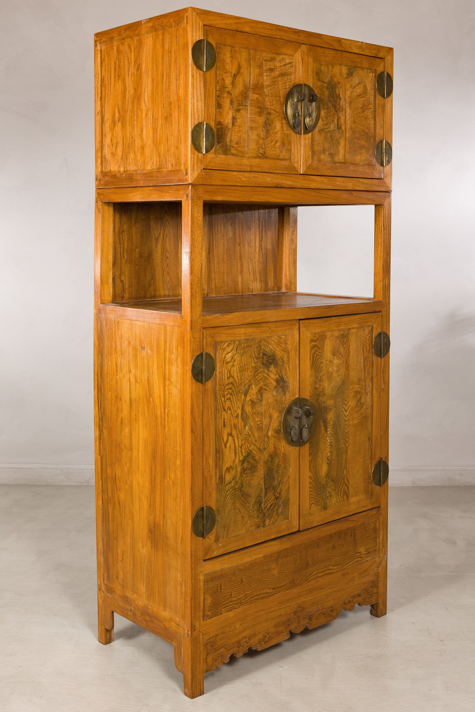 Right angled view of the tall Chinese elm cabinet