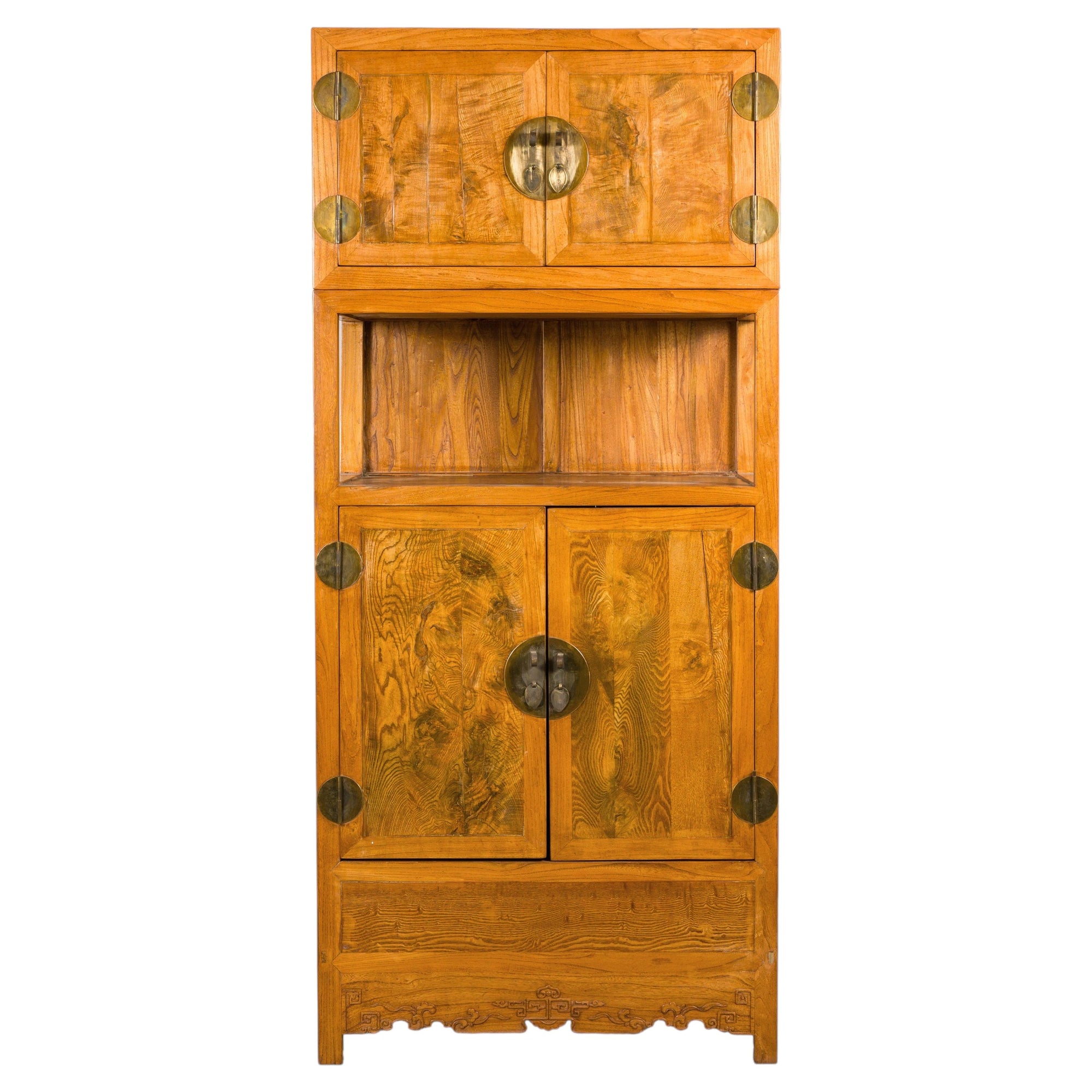 Tall Chinese elm cabinet with burlwood panels on a white background