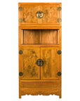 Tall Chinese elm cabinet with burlwood panels on a white background