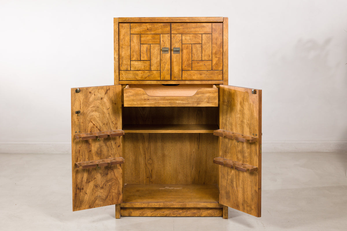 1970s American Drexel Woodbriar Pecan Dry Bar Cabinet, reverse view
