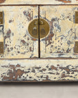 Close-up of cabinet doors, hinges and round brass lock plate
