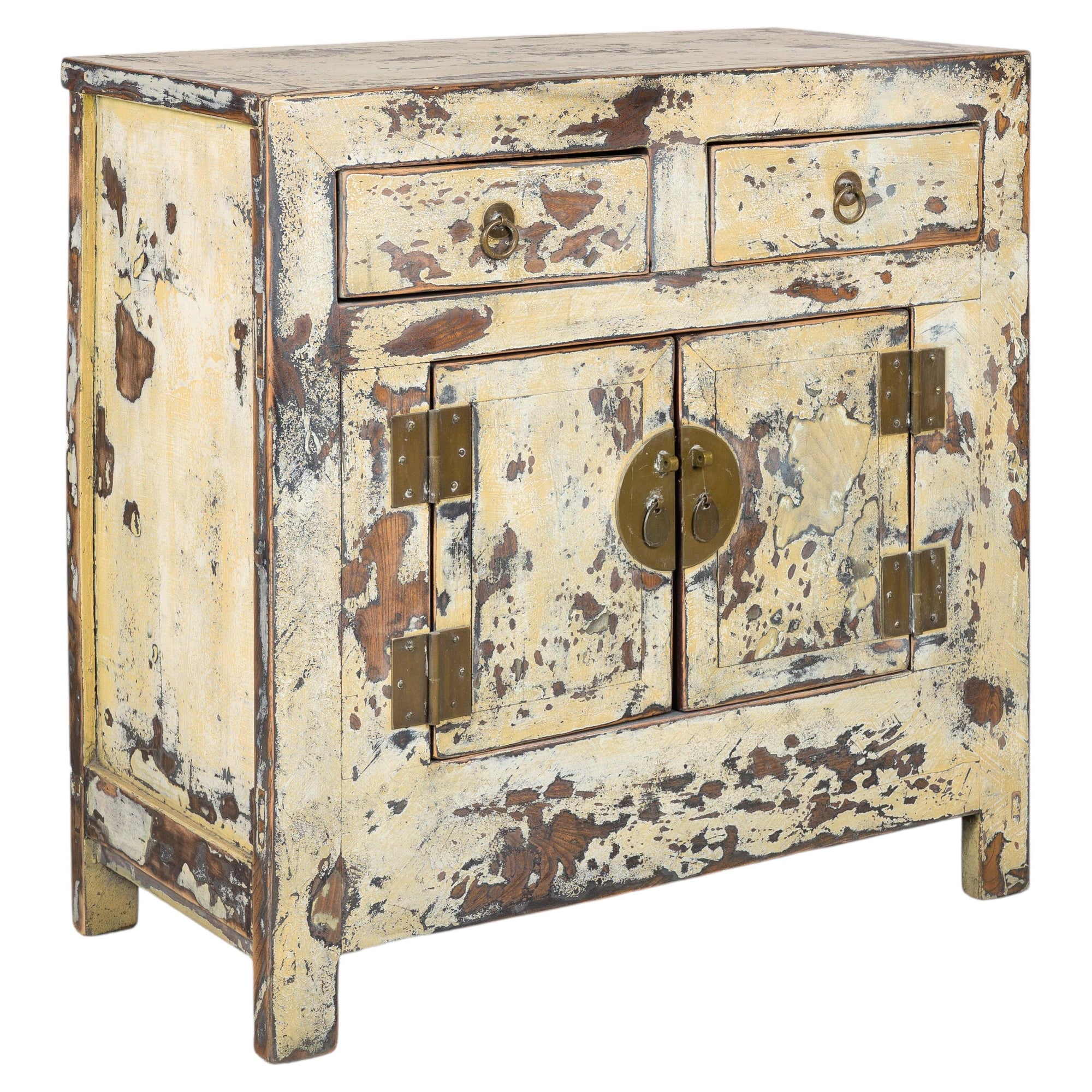 Distressed cream lacquer Chinese side cabinet on a white background