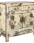 Distressed cream lacquer Chinese side cabinet on a white background